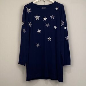 Escada Margaretha Ley Navy Blue Tunic Sweater with Silver Star Embroidery